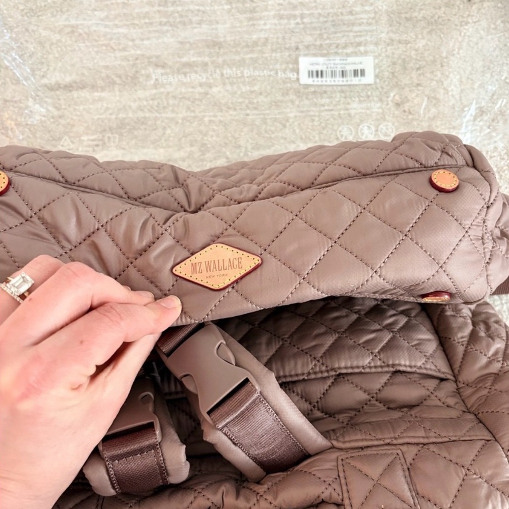 MZ Wallace Quilted Taupe Backpack with Brown Strap and Colorful Pouch - Picture 12 of 14